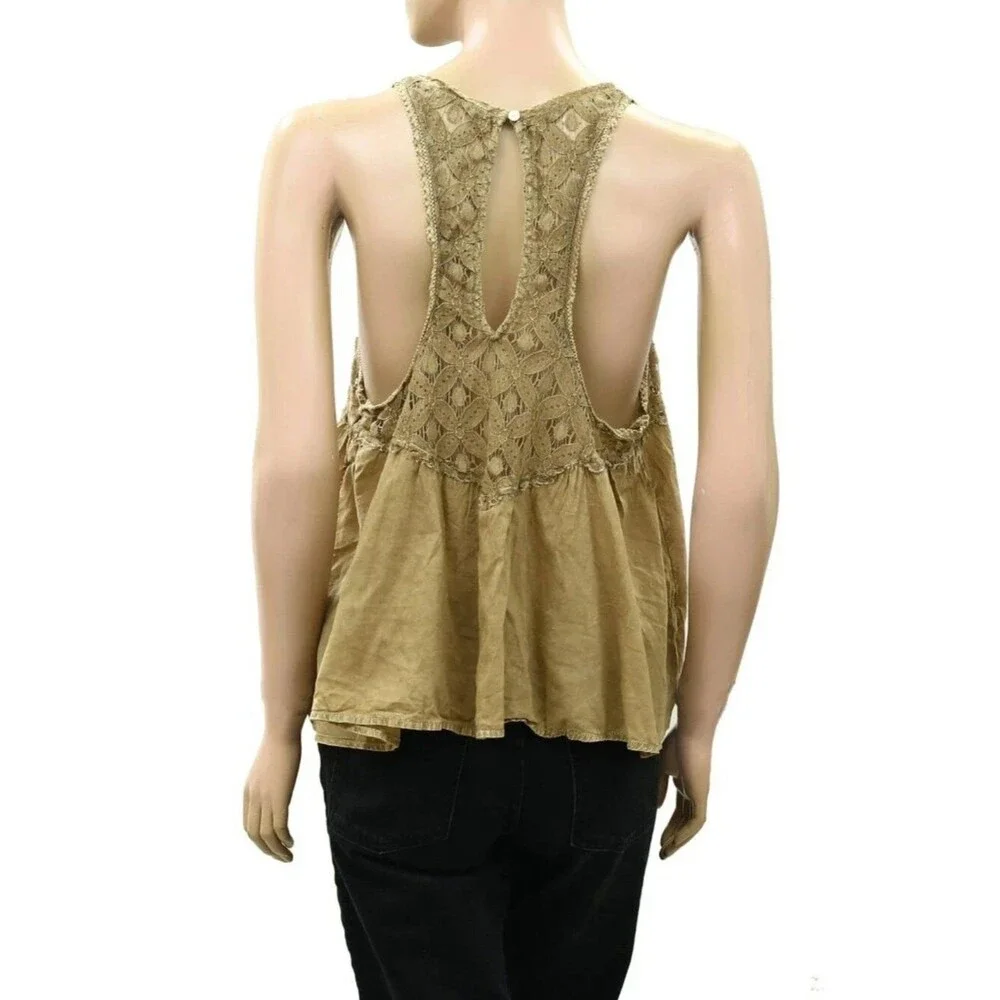 Free People Wandering Light Blouse Top Lace Cutout Tank Green Cotton M 290331